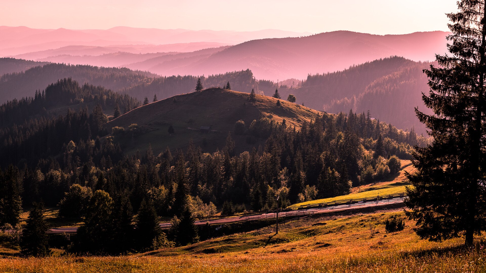 Sonnenuntergang über den sanften Hügeln der Bukowina