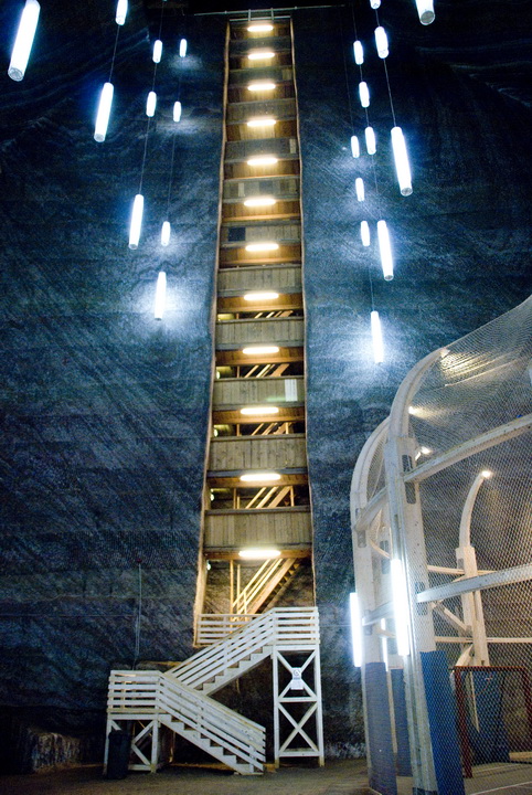 The illuminated underground halls of Salina Turda