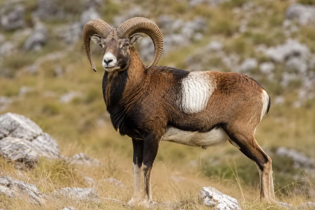 Bélier mouflon aux cornes entièrement enroulées sur une pente herbeuse et rocheuse