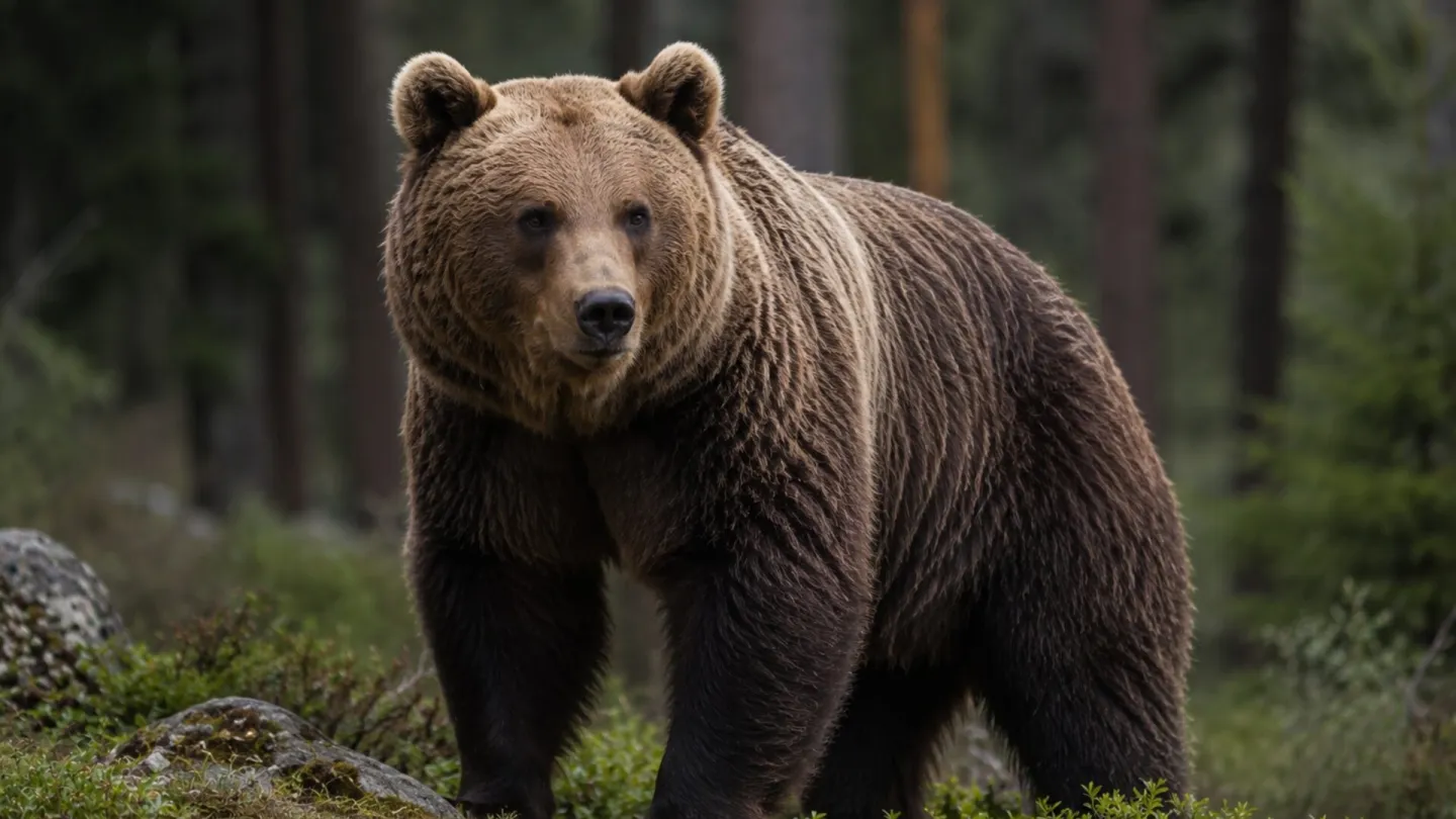 Brown bear standing at the edge of a Carpathian spruce forest