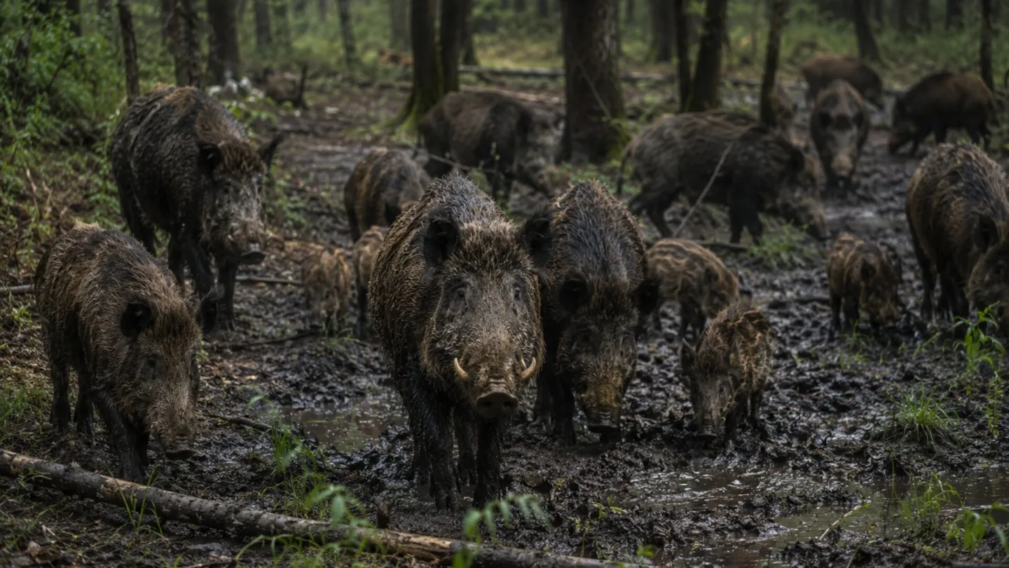A sounder of wild boar in a muddy Carpathian forest wallow