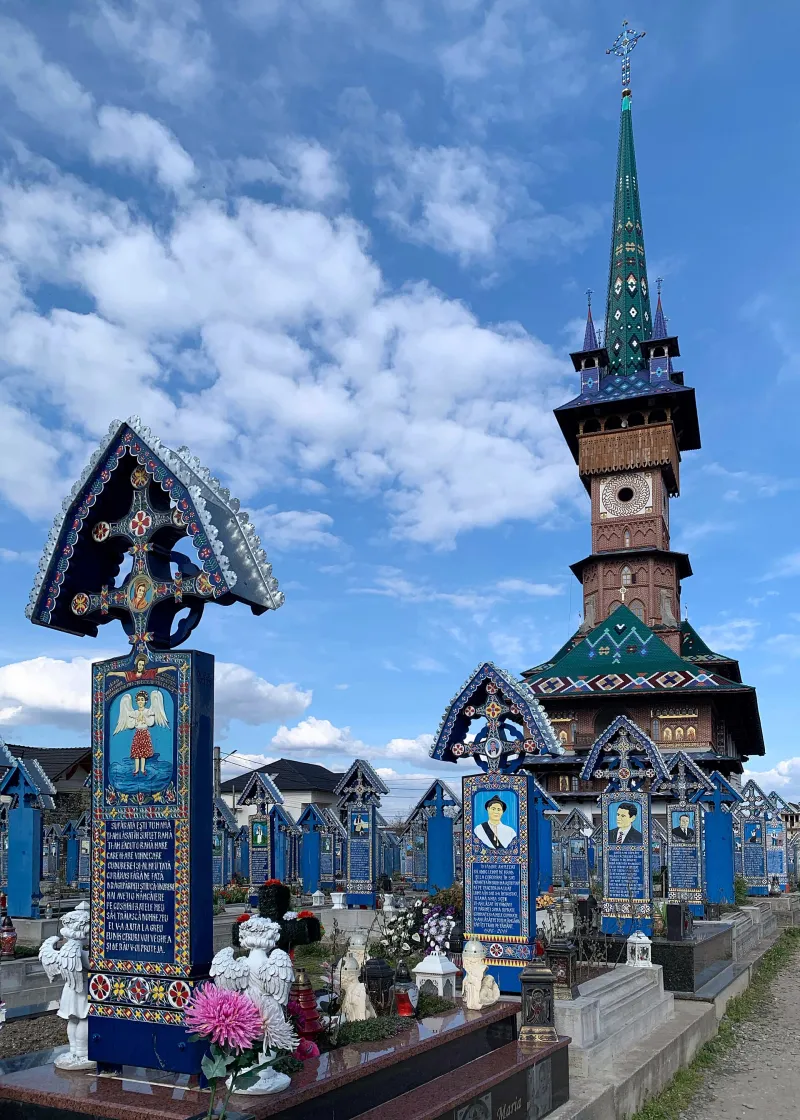 Colourfully painted crosses at the Merry Cemetery in Săpânța